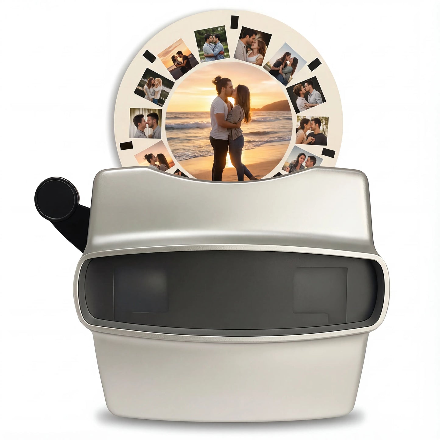 Sleek silver custom Viewmaster reel viewer with personalized couple beach photos - modern retro photo gift