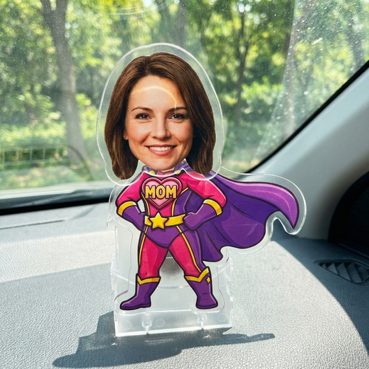Super Mom custom photo bobblehead on car dashboard - personalized Mothers Day gift