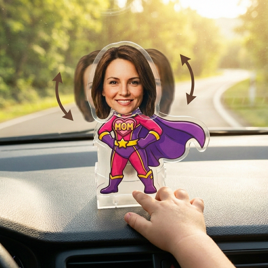 Super Mom solar wobble ornament shaking on road - funny Mothers Day car accessory