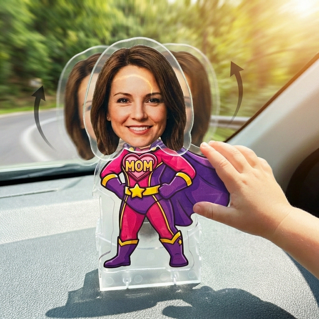 Solar powered Super Mom wobble ornament in sunlight - unique gift for mom