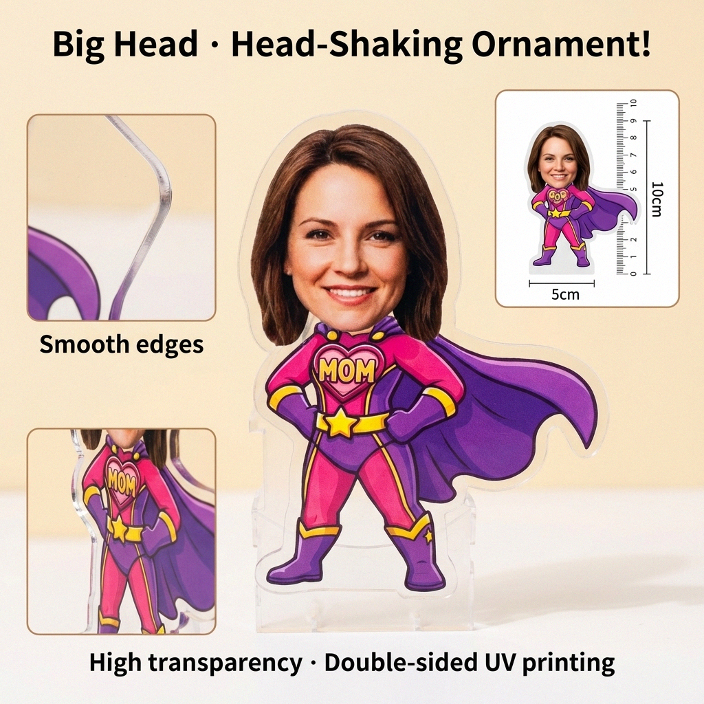 Super Mom custom bobblehead specifications - UV printed acrylic solar powered ornament