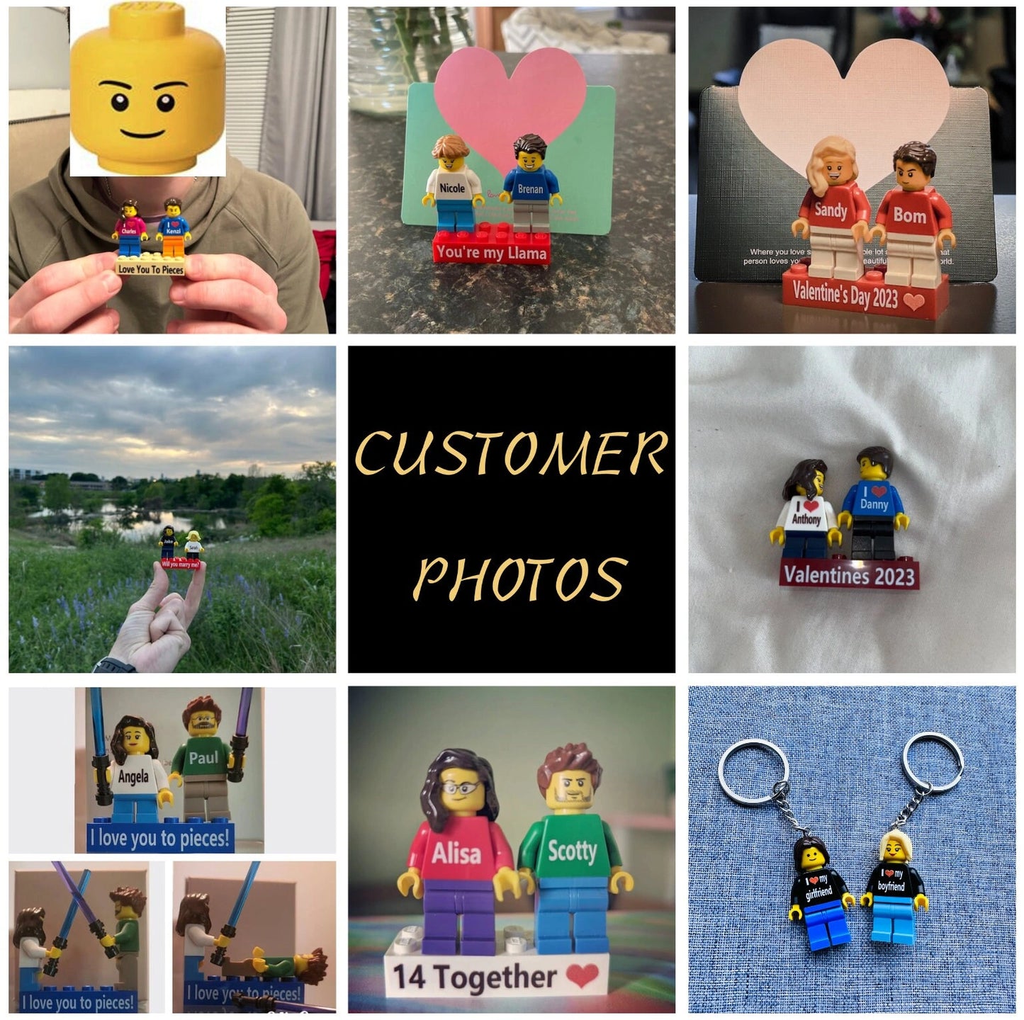 Customer photos - personalized custom brick keychain gifts for couples anniversary and Valentine's Day