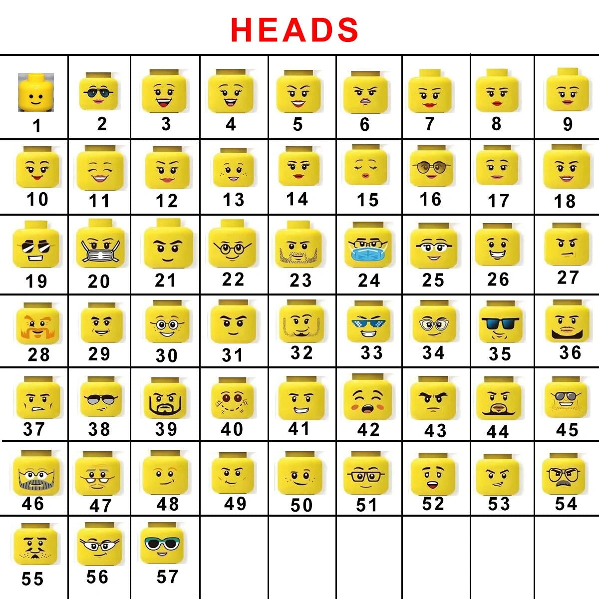 57 face options for custom brick minifigure keychain - personalized gift customization choices