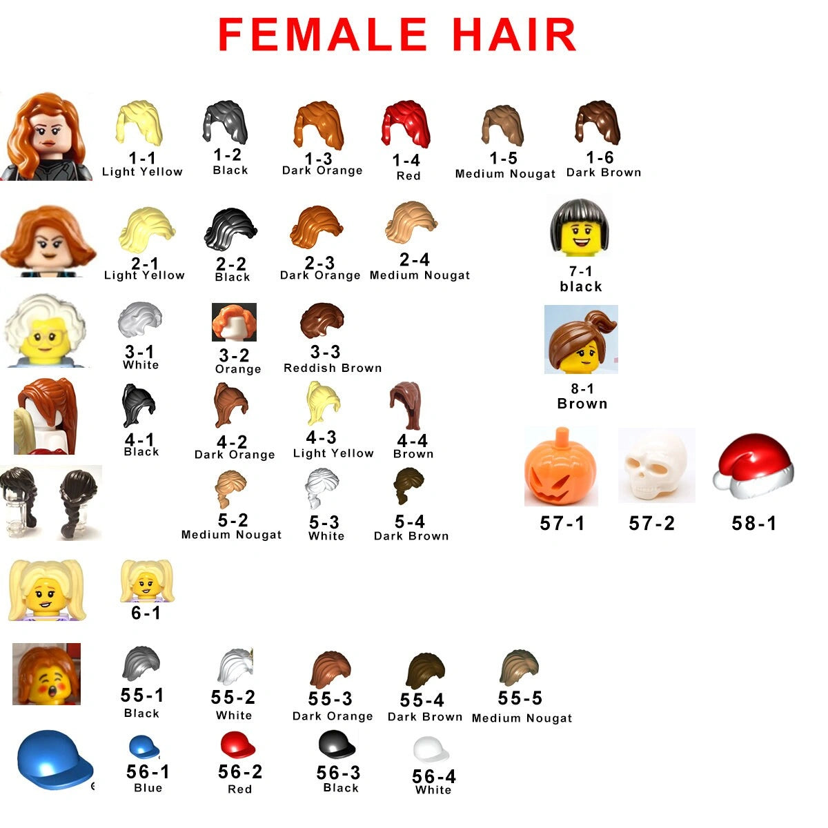 Female hair color options for personalized custom brick minifigure keychain - unique gift for her