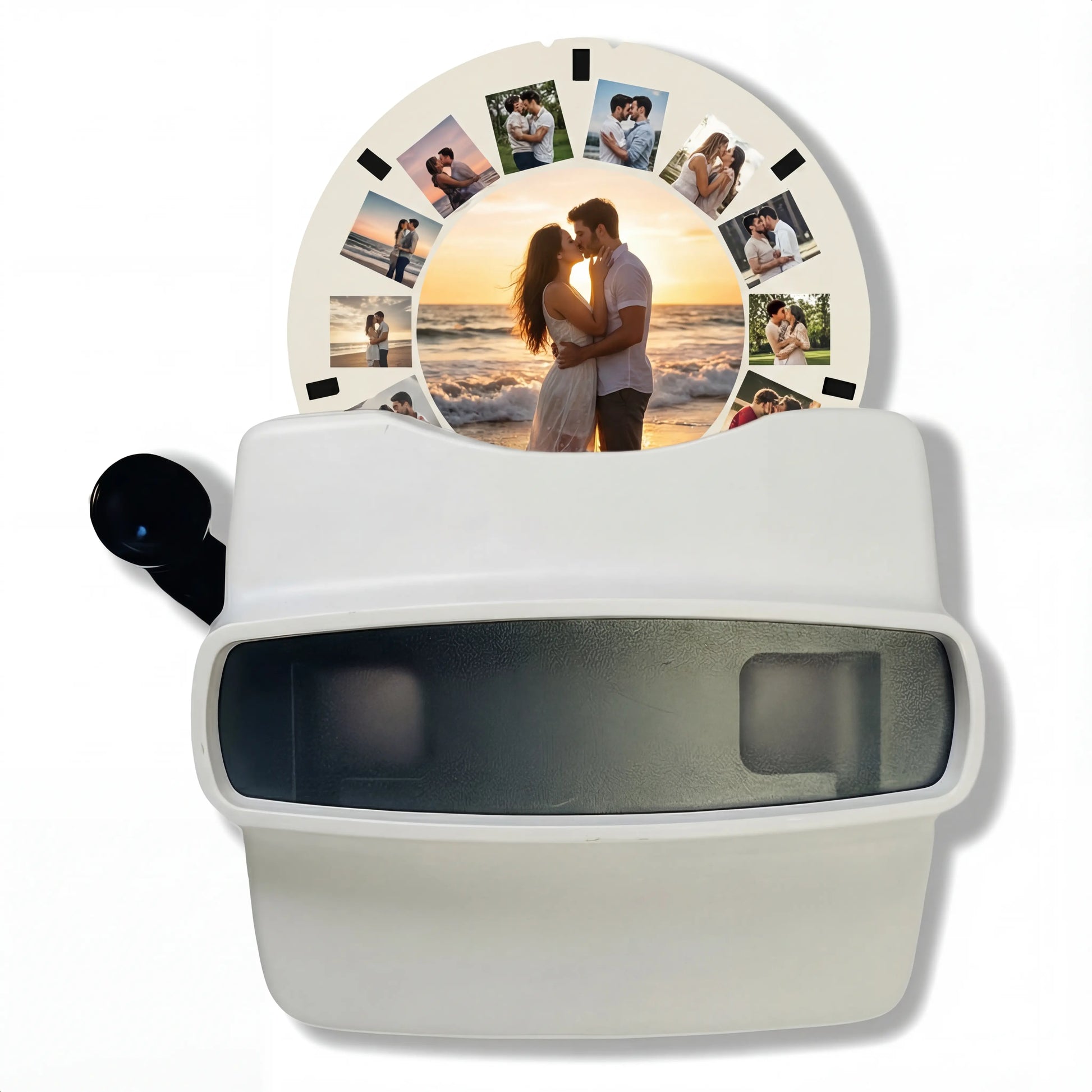 Elegant white personalized Viewmaster reel with romantic couple photos - unique wedding anniversary gift