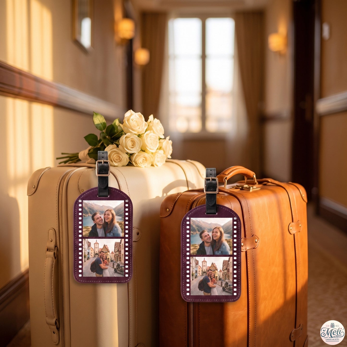 Film photo luggage tags hanging on two honeymoon suitcases in a hotel corridor