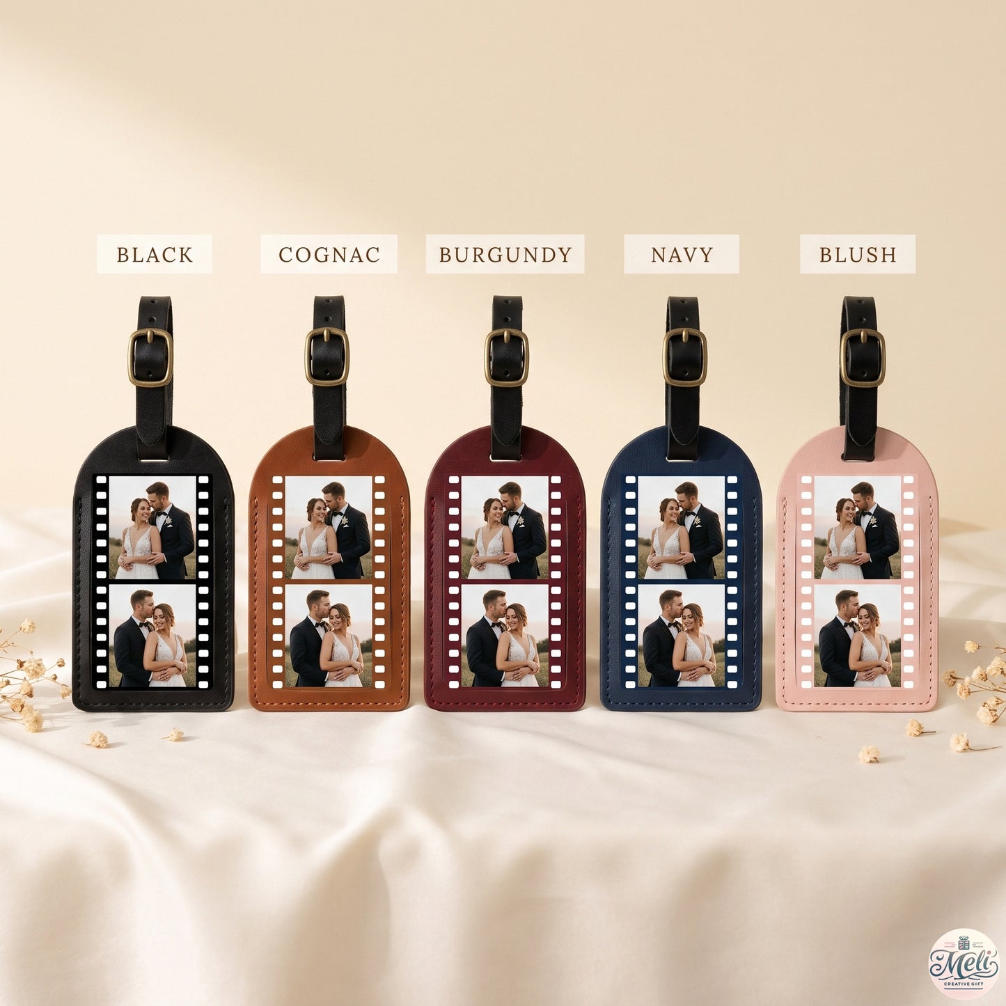 Five leather colors: black, cognac, burgundy, navy and blush pink film photo luggage tags