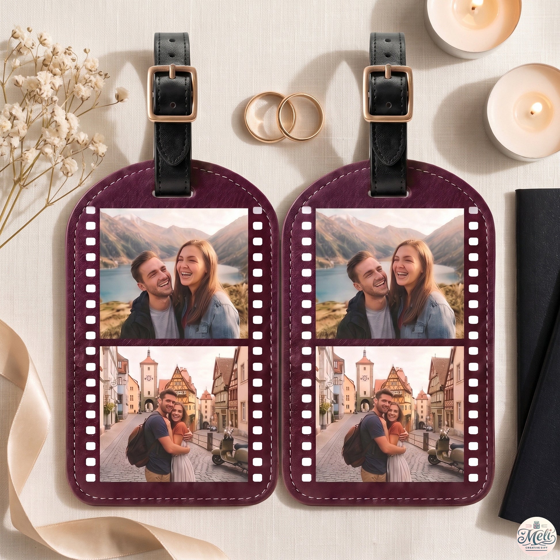Wedding flat lay of matching burgundy film photo luggage tag set with gold rings and ribbon