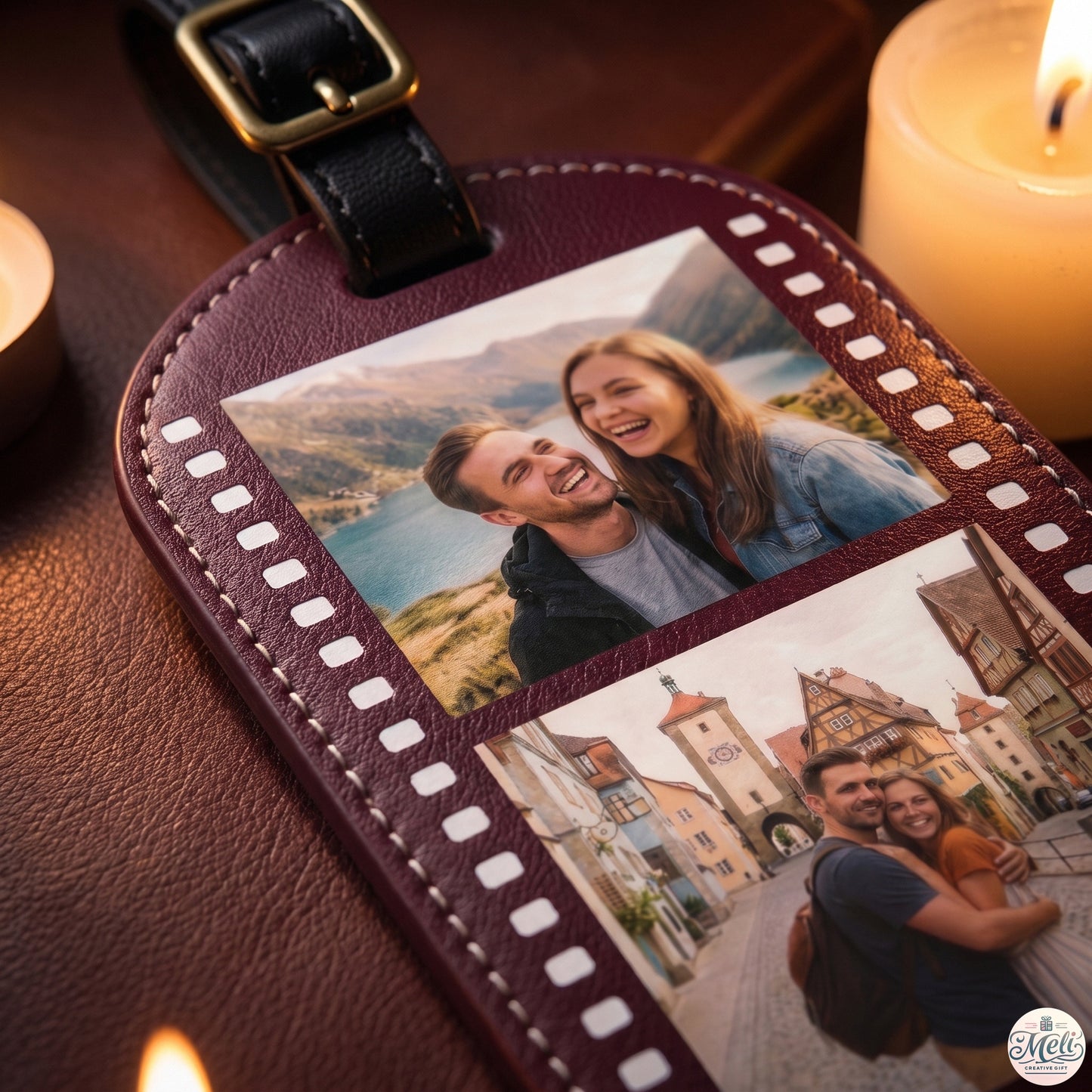 Macro detail of full-color film strip print and stitching on burgundy leather luggage tag