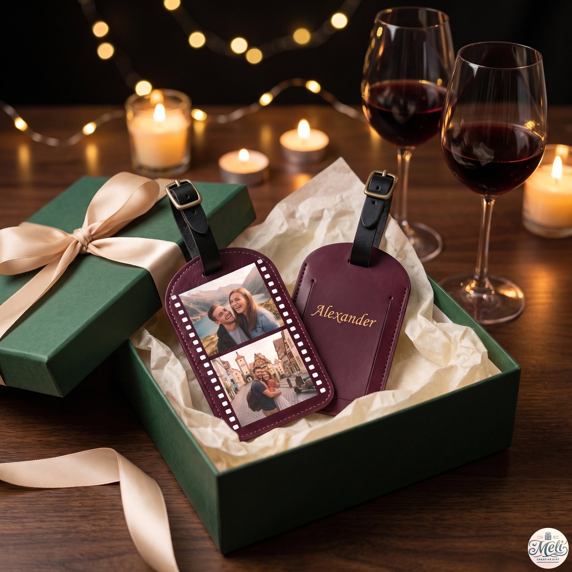 Film photo luggage tag set in a gift box with red wine and candles for an anniversary