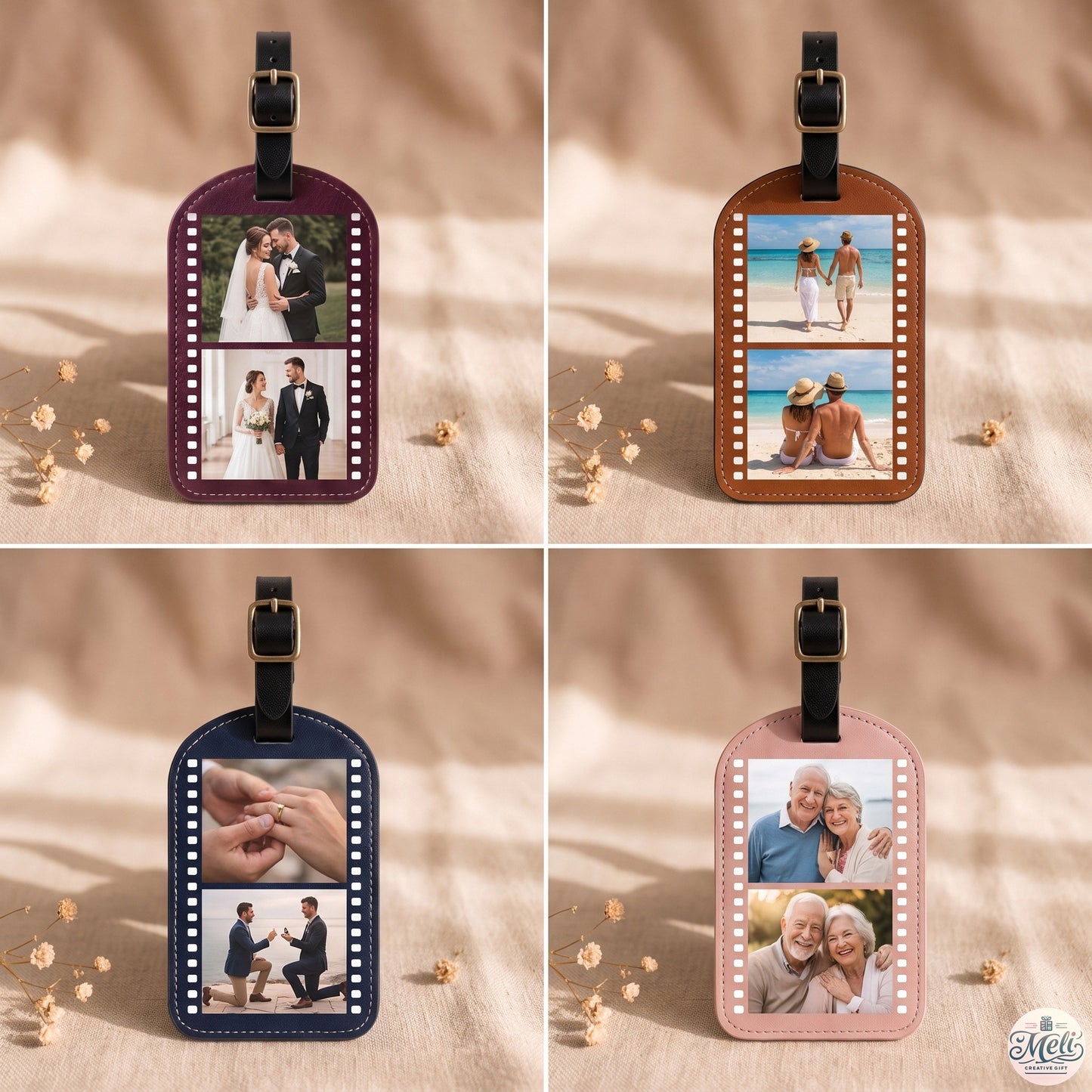 Four photo examples: wedding, honeymoon, proposal and anniversary couples on different tag colors