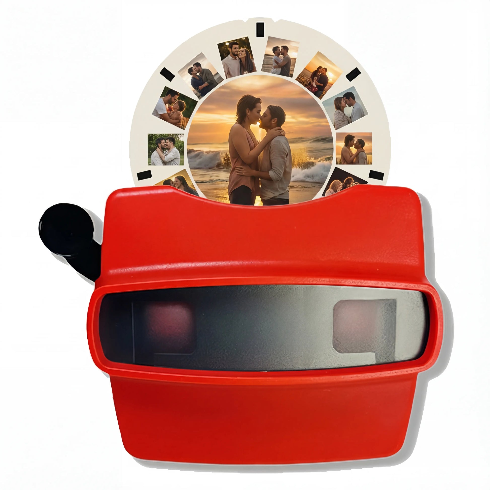 Romantic red custom Viewmaster reel viewer with personalized couple photos - Valentine's Day gift under $50