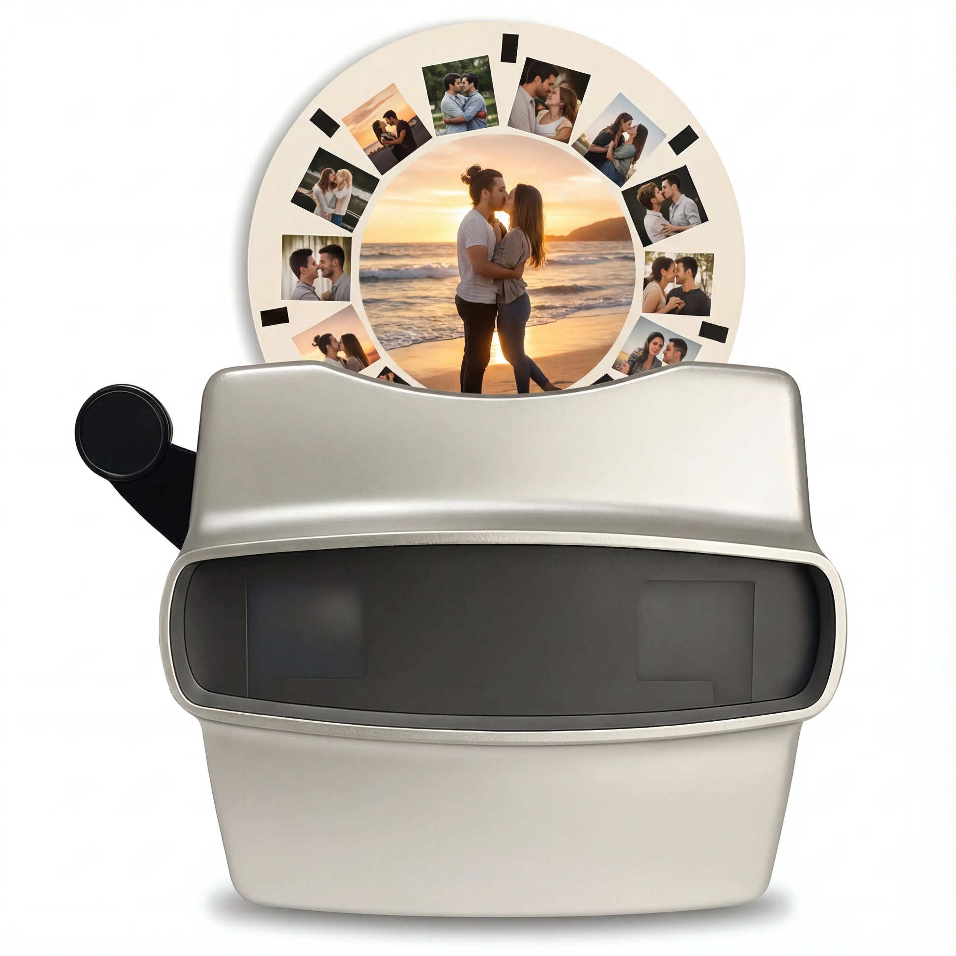 Sleek silver custom Viewmaster reel viewer with personalized couple beach photos - modern retro photo gift