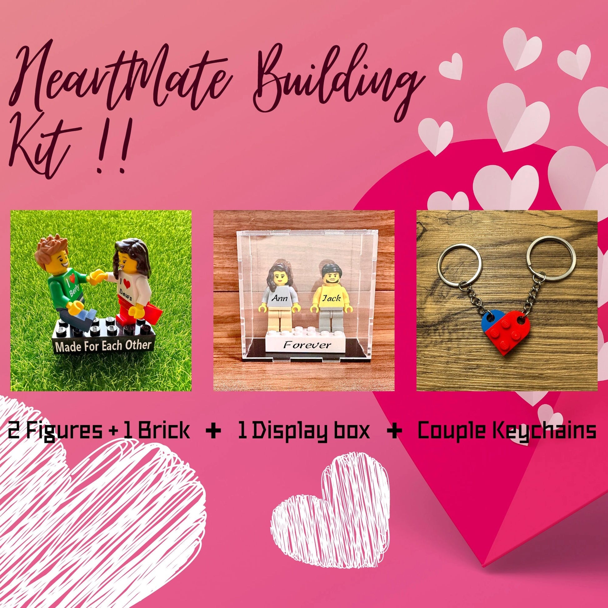 HeartMate building kit - custom brick couple figures with display box and keychains - Valentine's Day gift set